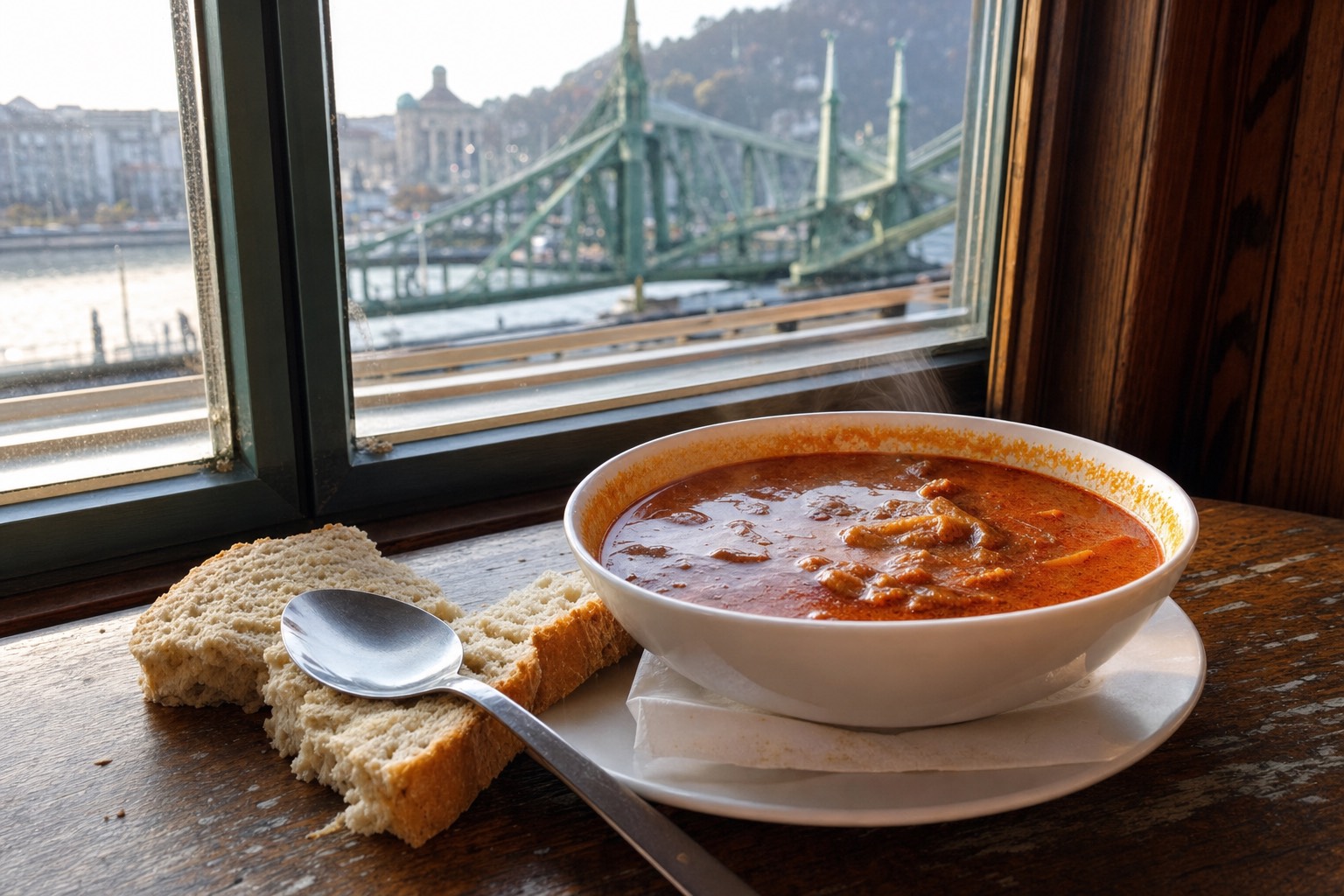 Steaming bowl of paprika-red goulash soup on a worn wooden table in a Budapest bistro, spoon resting on torn white bread, soft late-afternoon window light, the green iron of a Danube bridge blurred through the glass behind, warm and unhurried mood