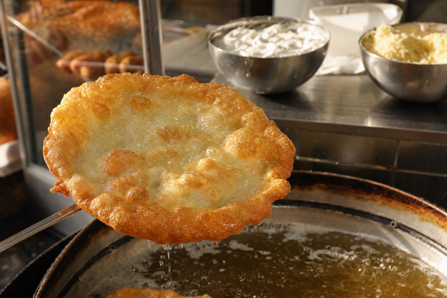 A golden disc of lángos fried bread being lifted from bubbling oil at a Budapest market stall, blistered edges glistening, bowls of sour cream and grated cheese waiting on a steel counter behind, steam and warm light in a busy market setting, no people prominent, no text or logos