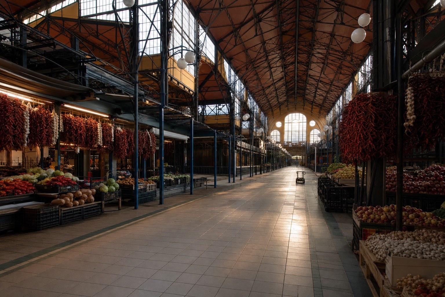 Interior of Budapest's Great Market Hall just after dawn, long empty central aisle under the vast steel-ribbed roof, soft golden morning light falling through high windows onto strings of dried paprika and stacked produce crates, a lone porter's trolley in the distance, warm and quiet mood, no people prominent, no text or logos