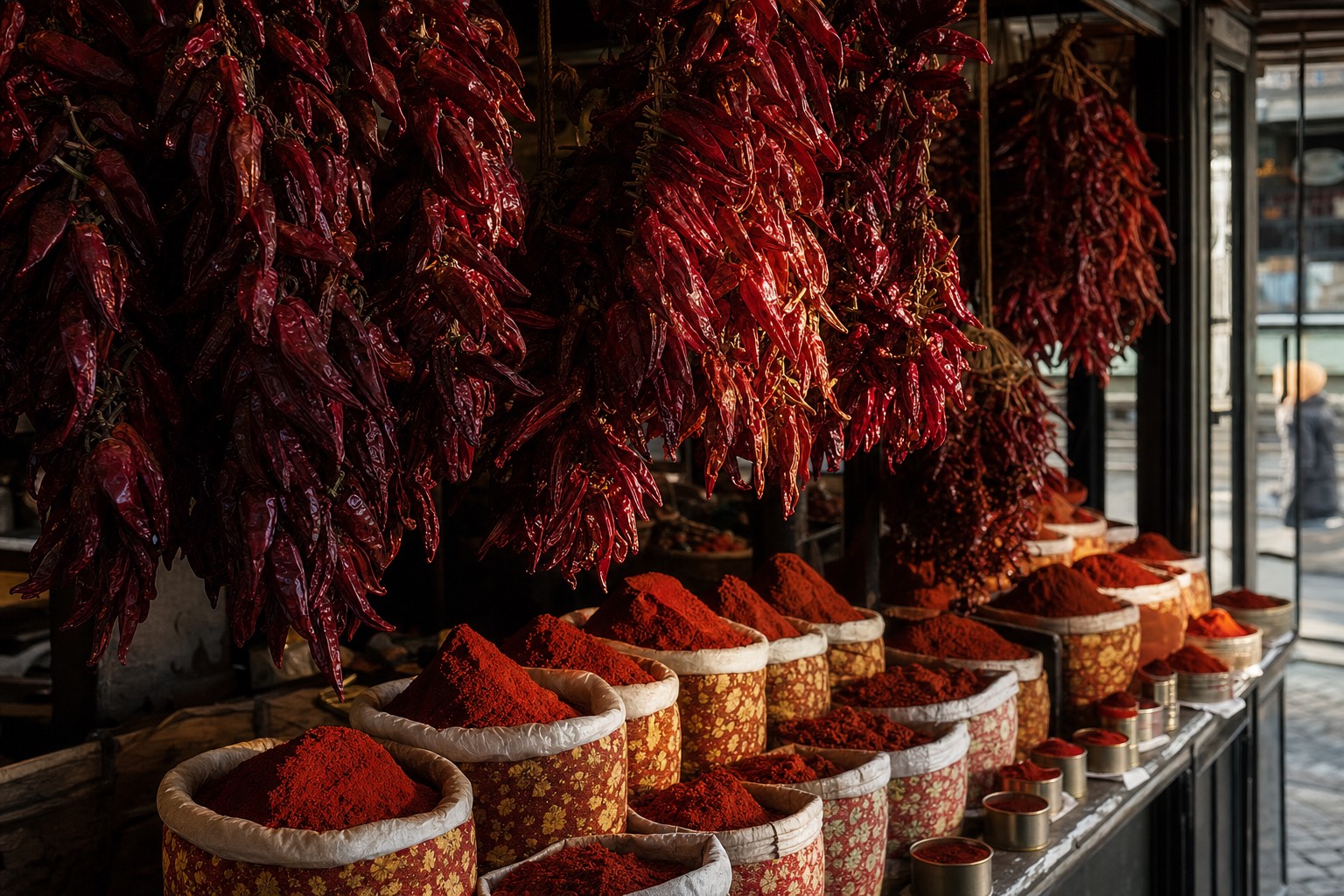 Strings of deep red dried paprika peppers hanging above a Budapest market stall, rows of red powder in open sacks and small tins below, late afternoon light catching the crimson colors against dark wooden shelves, rich warm mood, no people prominent, no text or logos