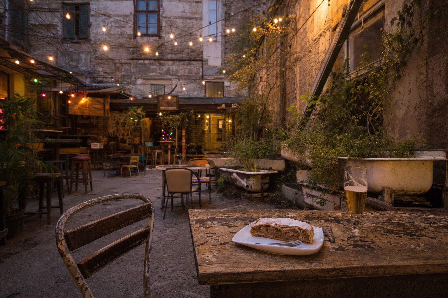 Budapest ruin bar courtyard at dusk in District VII, mismatched chairs and strings of warm bulbs between peeling brick walls, a battered wooden table in the foreground holding a plate of strudel and a glass of lager, plants growing from old bathtubs, glowing amber light, no people prominent