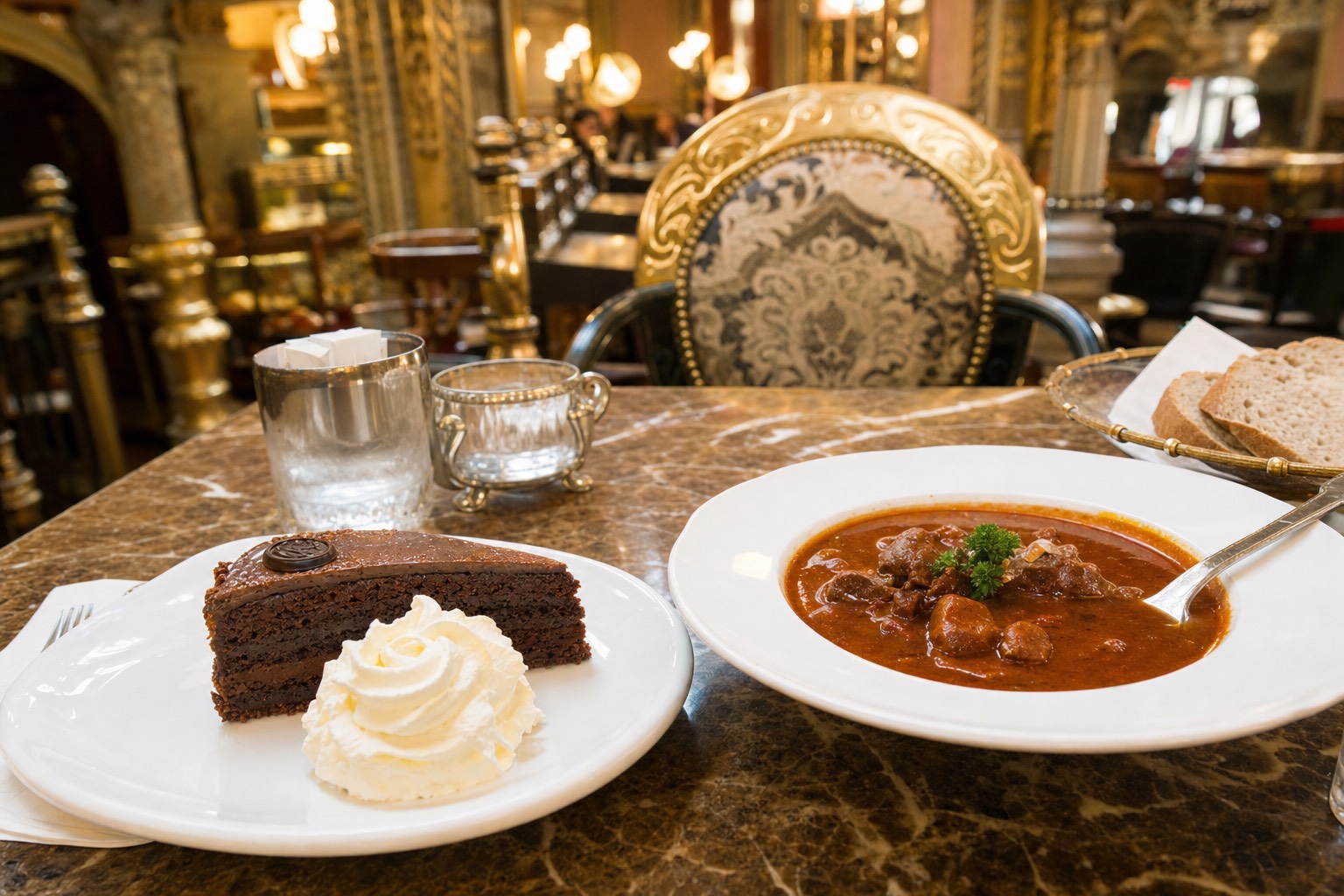 A split scene across a marble café table: on one side a slice of dark chocolate torte with whipped cream in Viennese style, on the other a bowl of red Hungarian goulash with fresh bread, ornate gilded café interior softly blurred behind, warm lamplight, no people prominent, no text or logos