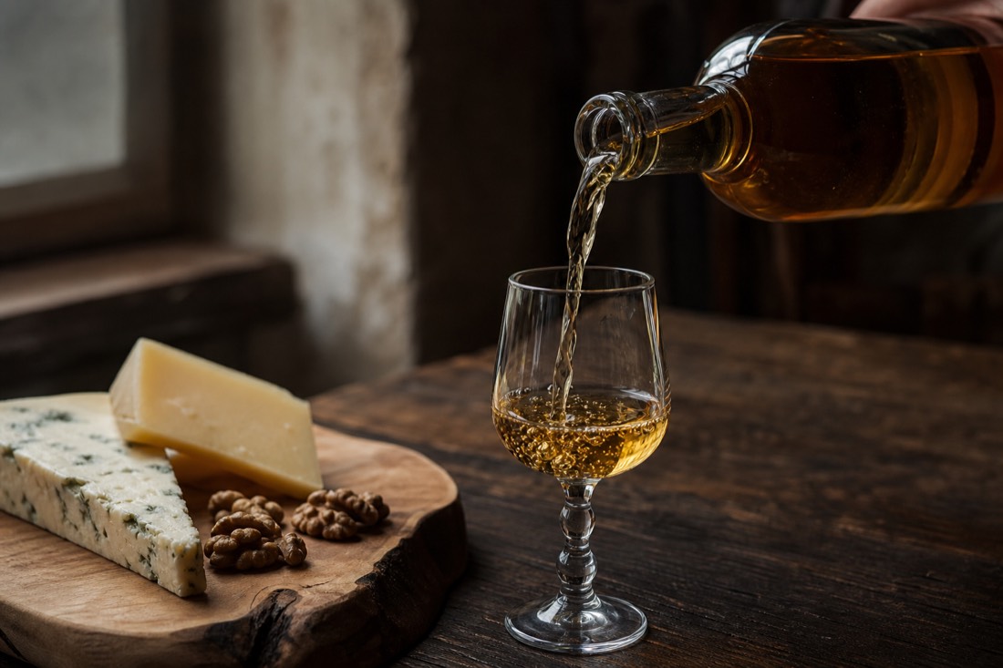 Golden Tokaji dessert wine being poured beside a cheese board at a Budapest wine tasting