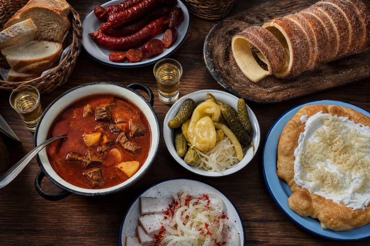 Overhead spread of Hungarian dishes tasted on Budapest food tours: goulash, langos, chimney cake, sausages and golden wine
